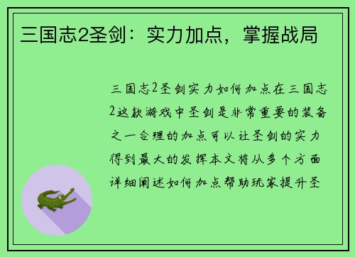 三国志2圣剑：实力加点，掌握战局