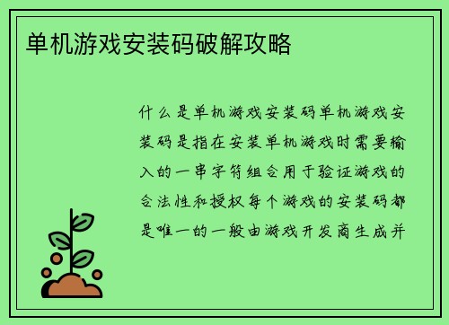 单机游戏安装码破解攻略